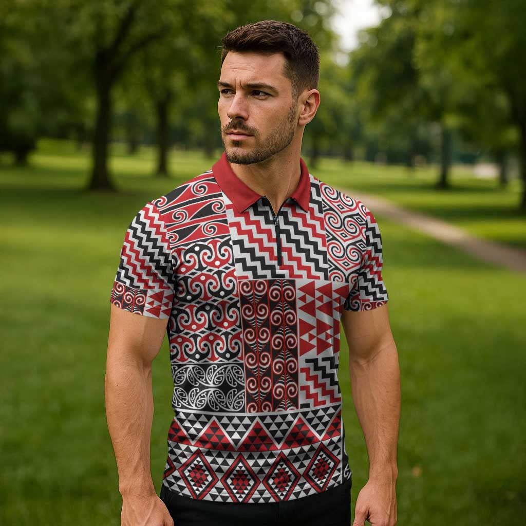 Aotearoa Kowhaiwhai Taniko Patchwork Motifs Zipper Polo Shirt - Aussie Hoodie