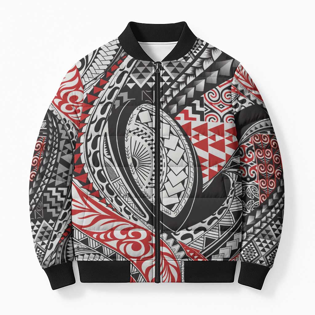 Aotearoa Maori Rugby Tribal Tattoo Bomber Puffer Jacket Kowhaiwhai Taniko Patchwork Motifs - Aussie Hoodie
