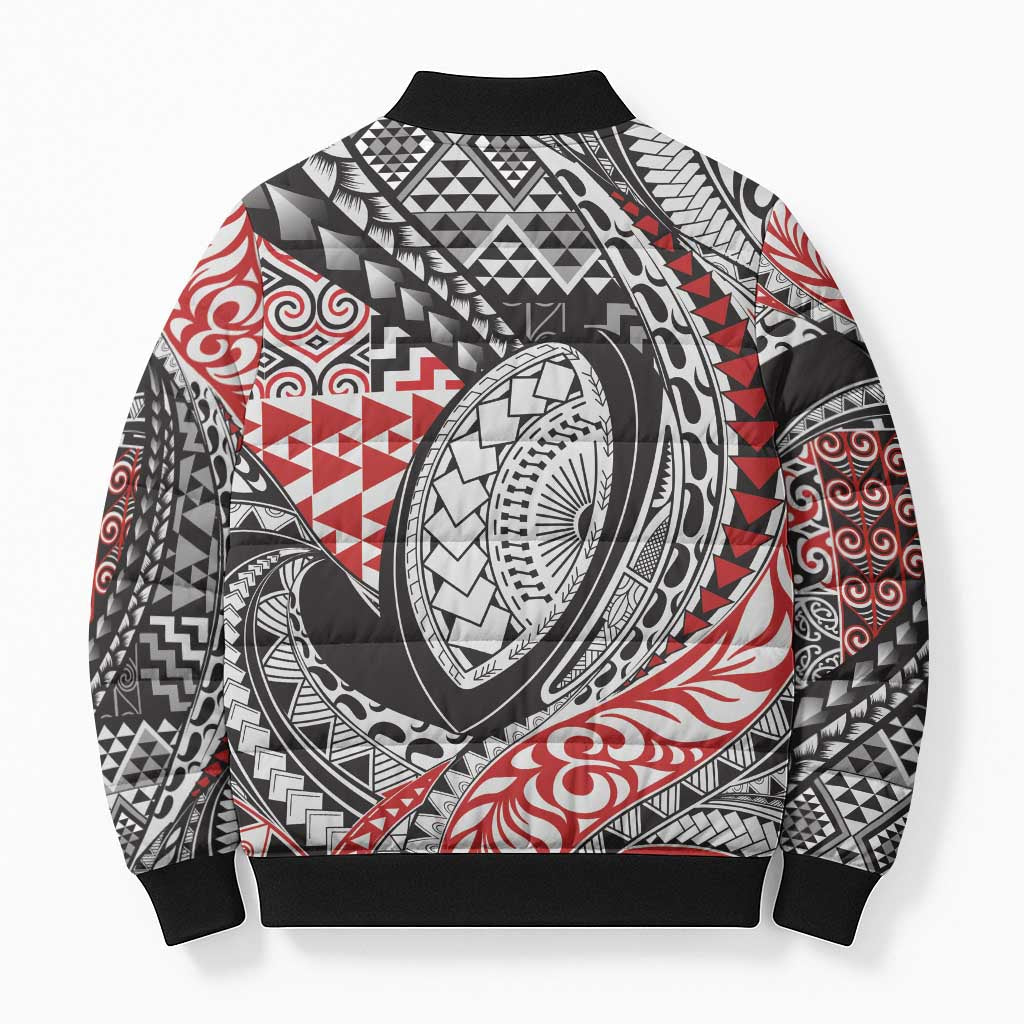 Aotearoa Maori Rugby Tribal Tattoo Bomber Puffer Jacket Kowhaiwhai Taniko Patchwork Motifs - Aussie Hoodie