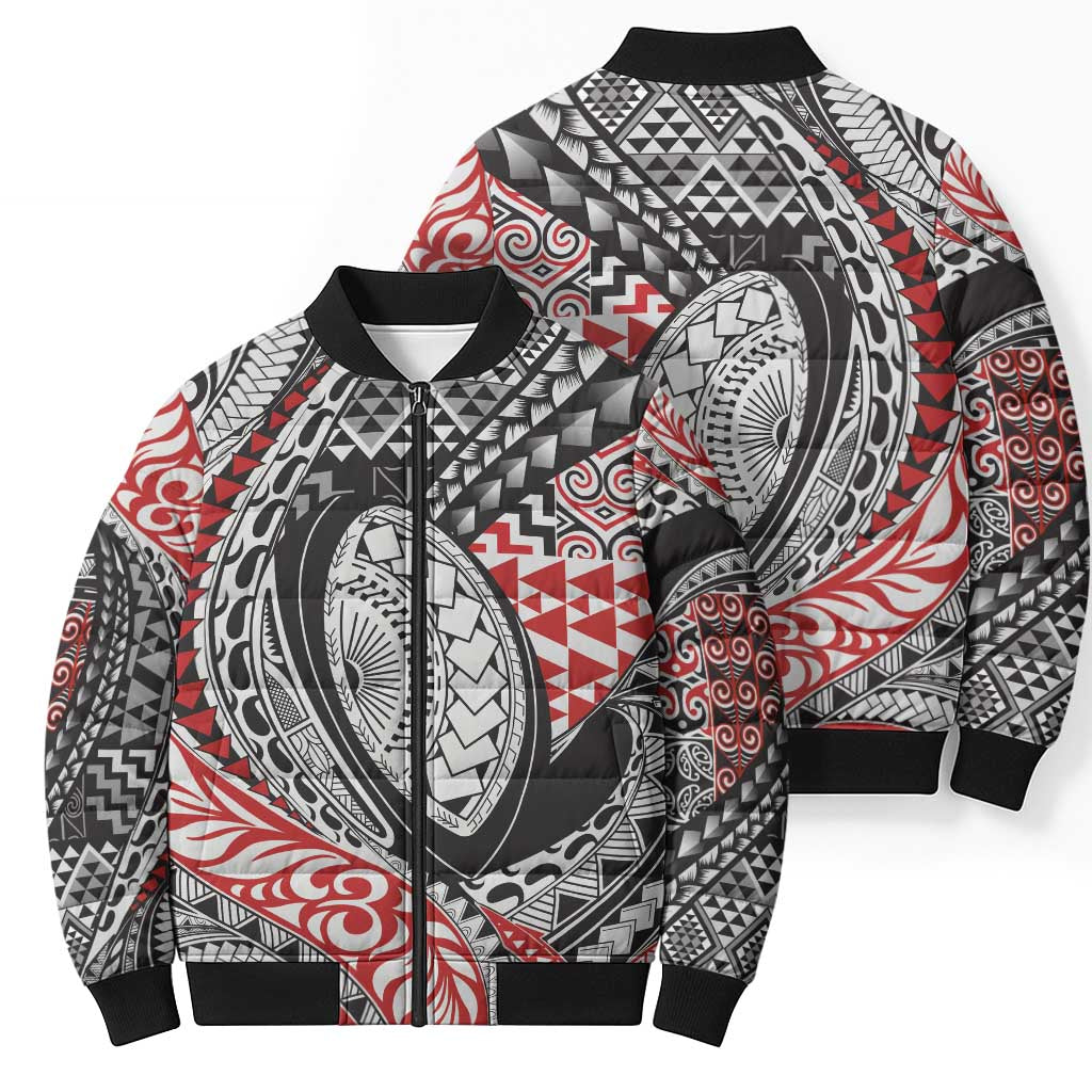 Aotearoa Maori Rugby Tribal Tattoo Bomber Puffer Jacket Kowhaiwhai Taniko Patchwork Motifs - Aussie Hoodie