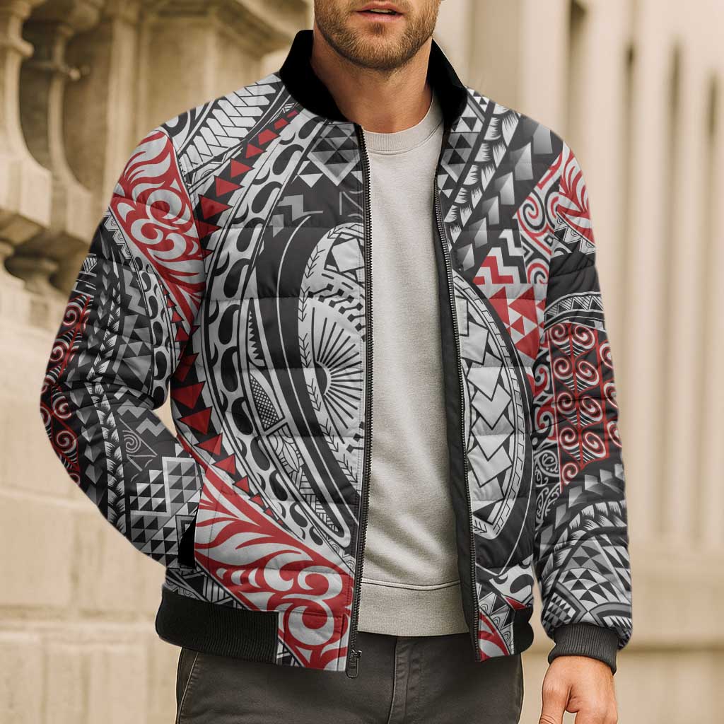 Aotearoa Maori Rugby Tribal Tattoo Bomber Puffer Jacket Kowhaiwhai Taniko Patchwork Motifs - Aussie Hoodie