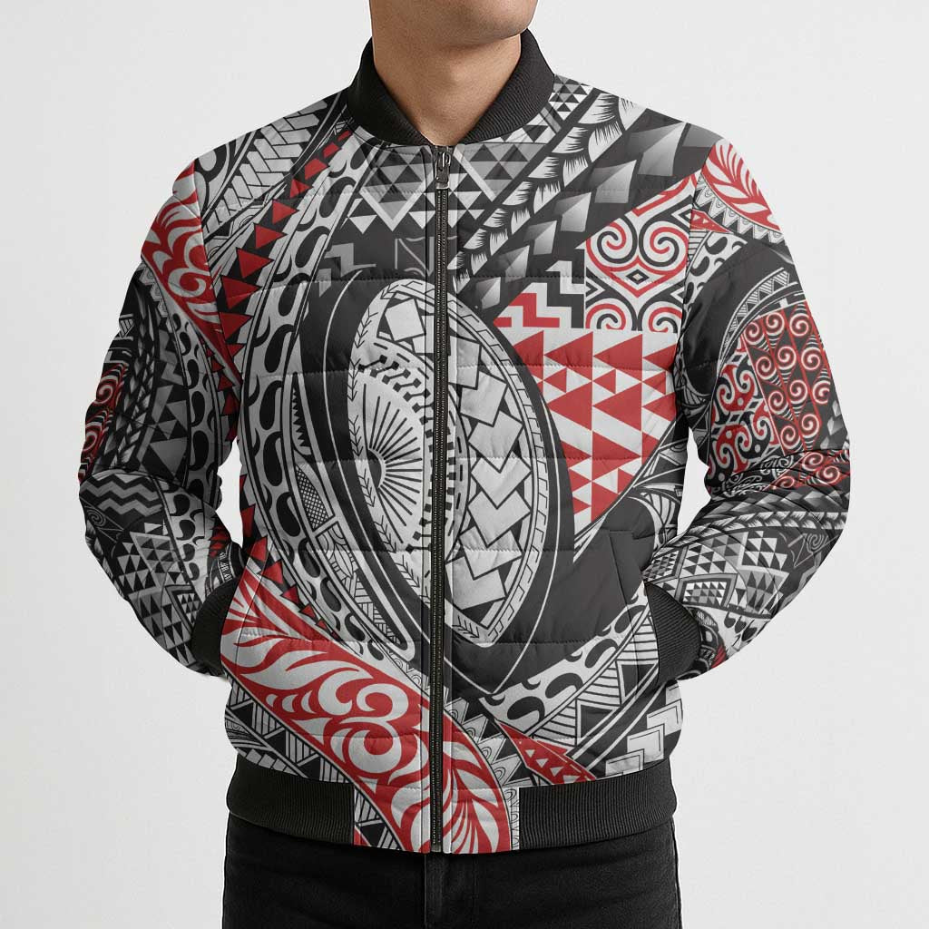 Aotearoa Maori Rugby Tribal Tattoo Bomber Puffer Jacket Kowhaiwhai Taniko Patchwork Motifs - Aussie Hoodie