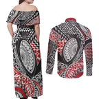 Aotearoa Maori Rugby Tribal Tattoo Couples Matching Off Shoulder Maxi Dress and Long Sleeve Button Shirt Kowhaiwhai Taniko Patchwork Motifs