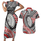 Aotearoa Maori Rugby Tribal Tattoo Couples Matching Short Sleeve Bodycon Dress and Hawaiian Shirt Kowhaiwhai Taniko Patchwork Motifs