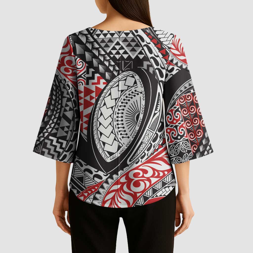 Aotearoa Maori Rugby Tribal Tattoo Kimono Sleeve Blouse Kowhaiwhai Taniko Patchwork Motifs - Aussie Hoodie