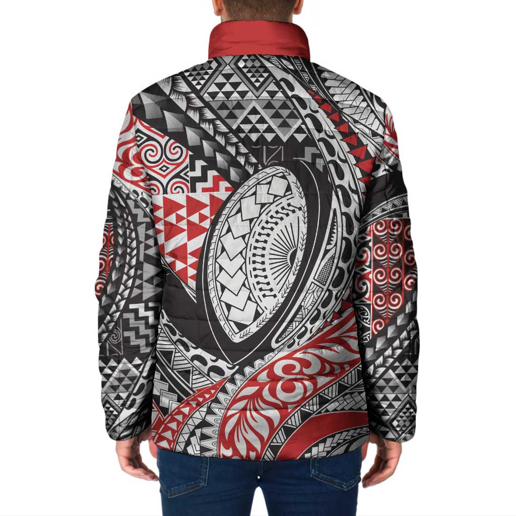 Aotearoa Maori Rugby Tribal Tattoo Padded Jacket Kowhaiwhai Taniko Patchwork Motifs - Aussie Hoodie