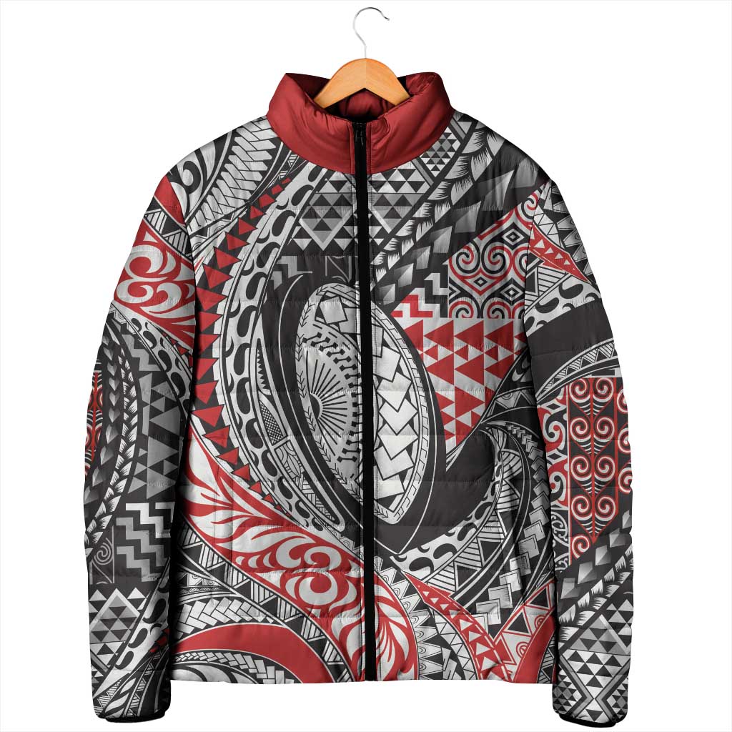 Aotearoa Maori Rugby Tribal Tattoo Padded Jacket Kowhaiwhai Taniko Patchwork Motifs - Aussie Hoodie