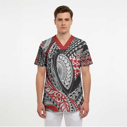 Aotearoa Maori Rugby Tribal Tattoo Scrub Top Kowhaiwhai Taniko Patchwork Motifs - Aussie Hoodie