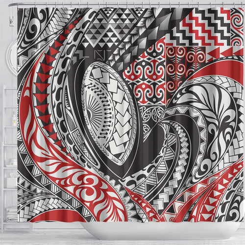 Aotearoa Maori Rugby Tribal Tattoo Shower Curtain Kowhaiwhai Taniko Patchwork Motifs