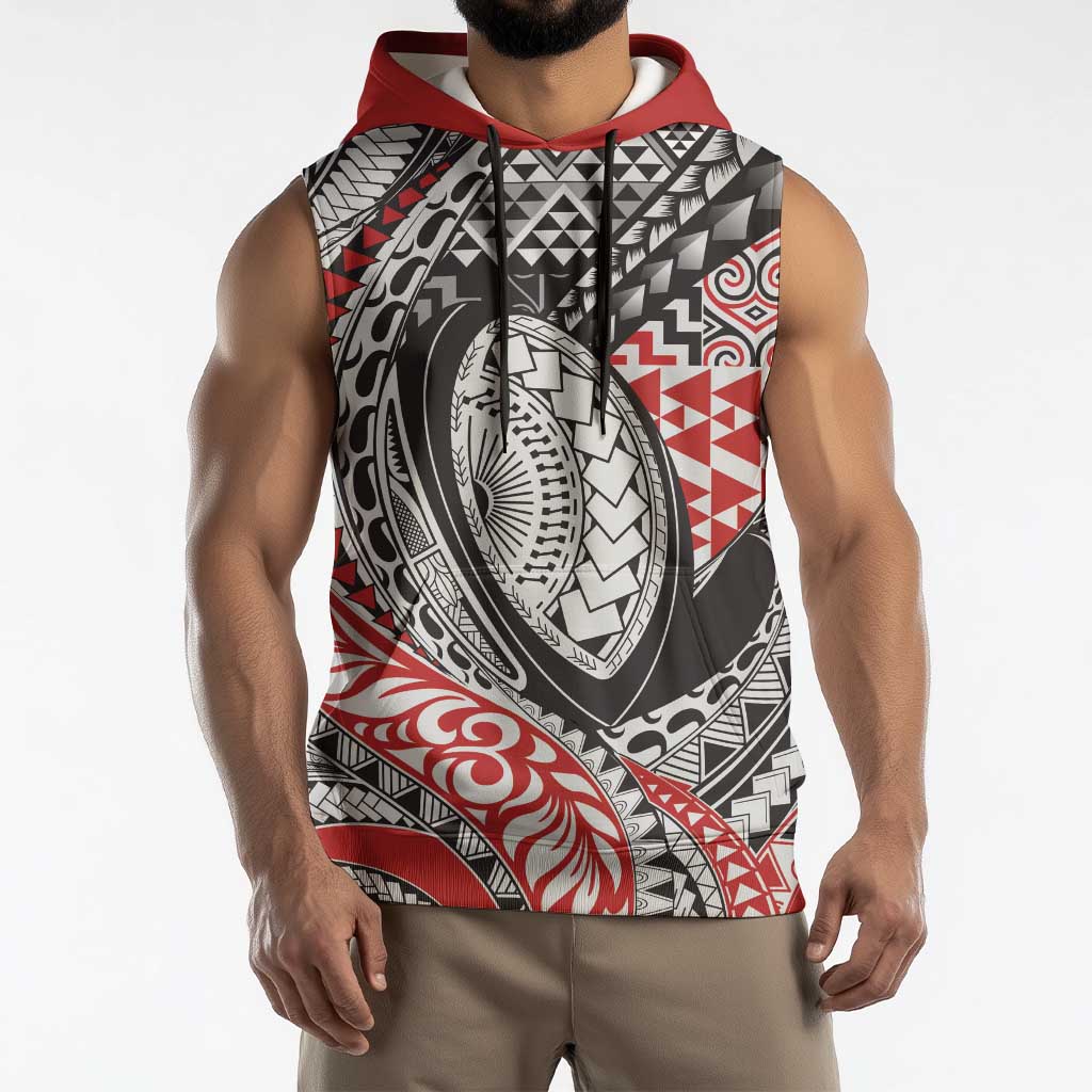 Aotearoa Maori Rugby Tribal Tattoo Sleeveless Hoodie Kowhaiwhai Taniko Patchwork Motifs - Aussie Hoodie