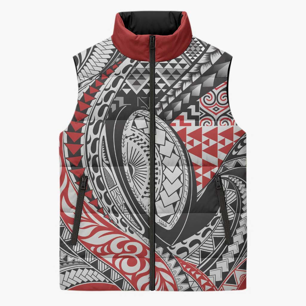 Aotearoa Maori Rugby Tribal Tattoo Sleeveless Puffer Jacket Kowhaiwhai Taniko Patchwork Motifs - Aussie Hoodie
