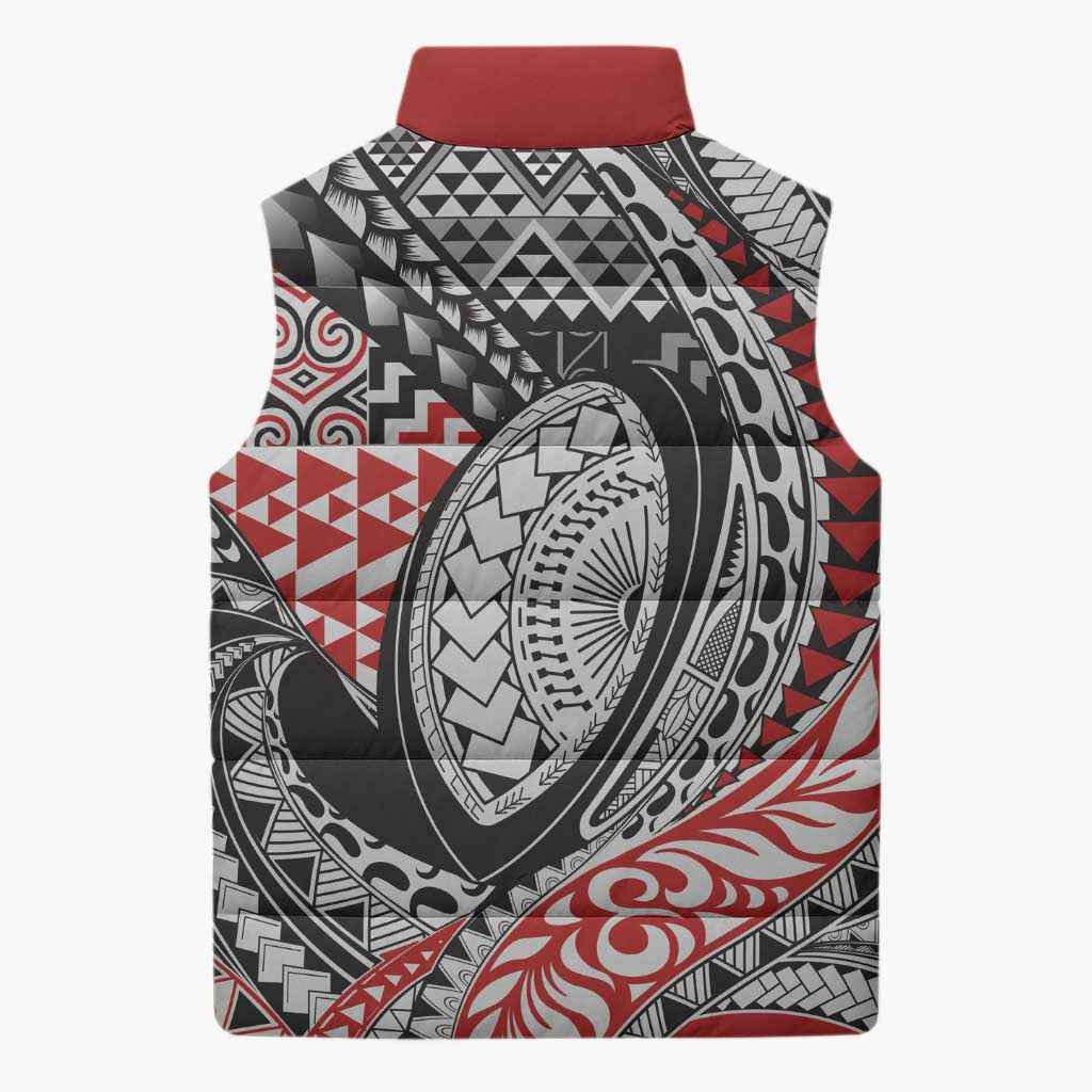 Aotearoa Maori Rugby Tribal Tattoo Sleeveless Puffer Jacket Kowhaiwhai Taniko Patchwork Motifs - Aussie Hoodie