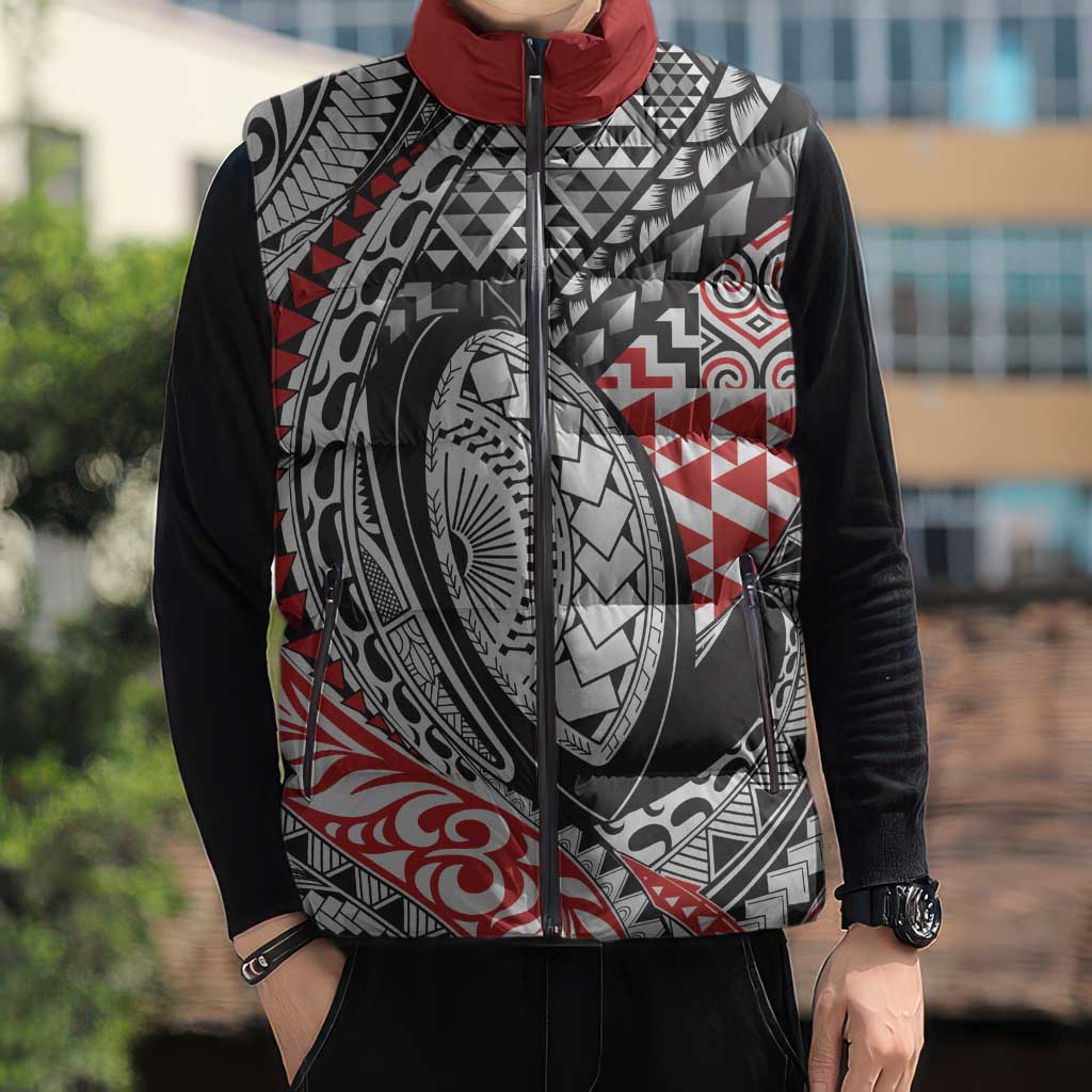 Aotearoa Maori Rugby Tribal Tattoo Sleeveless Puffer Jacket Kowhaiwhai Taniko Patchwork Motifs - Aussie Hoodie