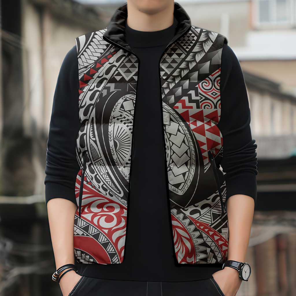 Aotearoa Maori Rugby Tribal Tattoo Sleeveless Puffer Jacket Kowhaiwhai Taniko Patchwork Motifs - Aussie Hoodie
