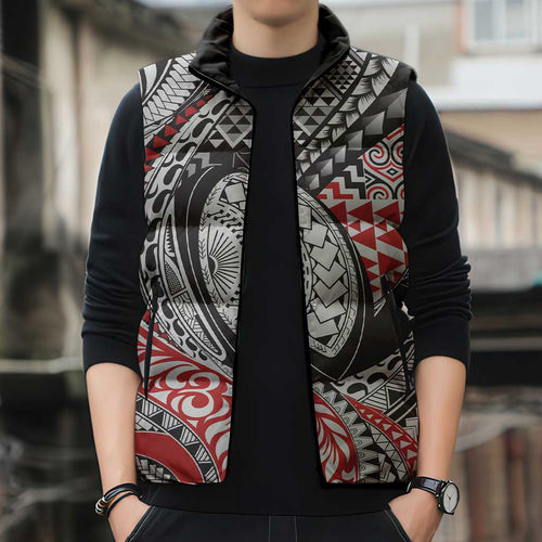 Aotearoa Maori Rugby Tribal Tattoo Sleeveless Puffer Jacket Kowhaiwhai Taniko Patchwork Motifs - Aussie Hoodie