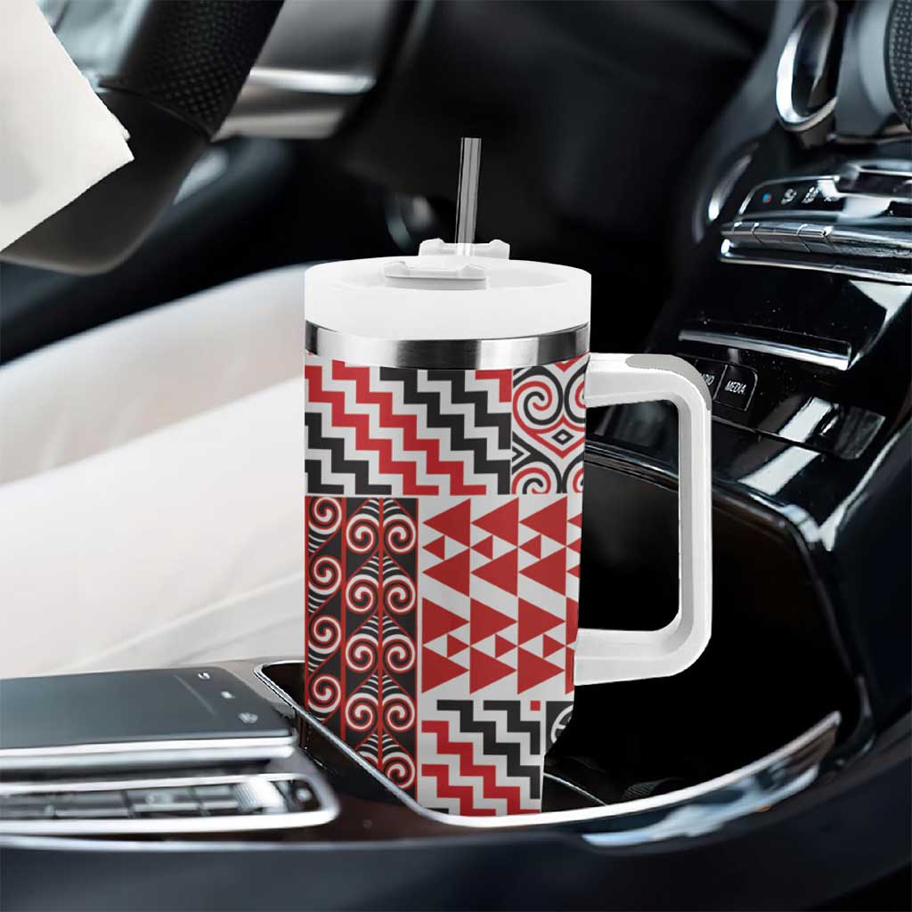 Aotearoa Maori Rugby Tribal Tattoo Tumbler With Handle Kowhaiwhai Taniko Patchwork Motifs