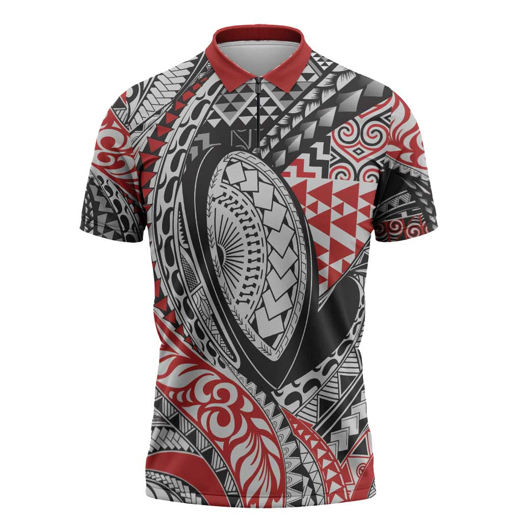 Aotearoa Maori Rugby Tribal Tattoo Zipper Polo Shirt Kowhaiwhai Taniko Patchwork Motifs - Aussie Hoodie