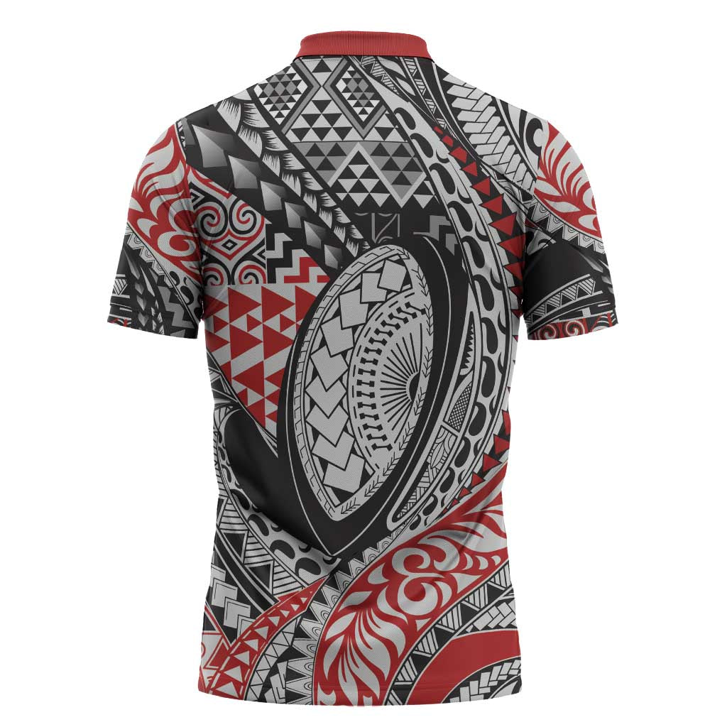 Aotearoa Maori Rugby Tribal Tattoo Zipper Polo Shirt Kowhaiwhai Taniko Patchwork Motifs - Aussie Hoodie
