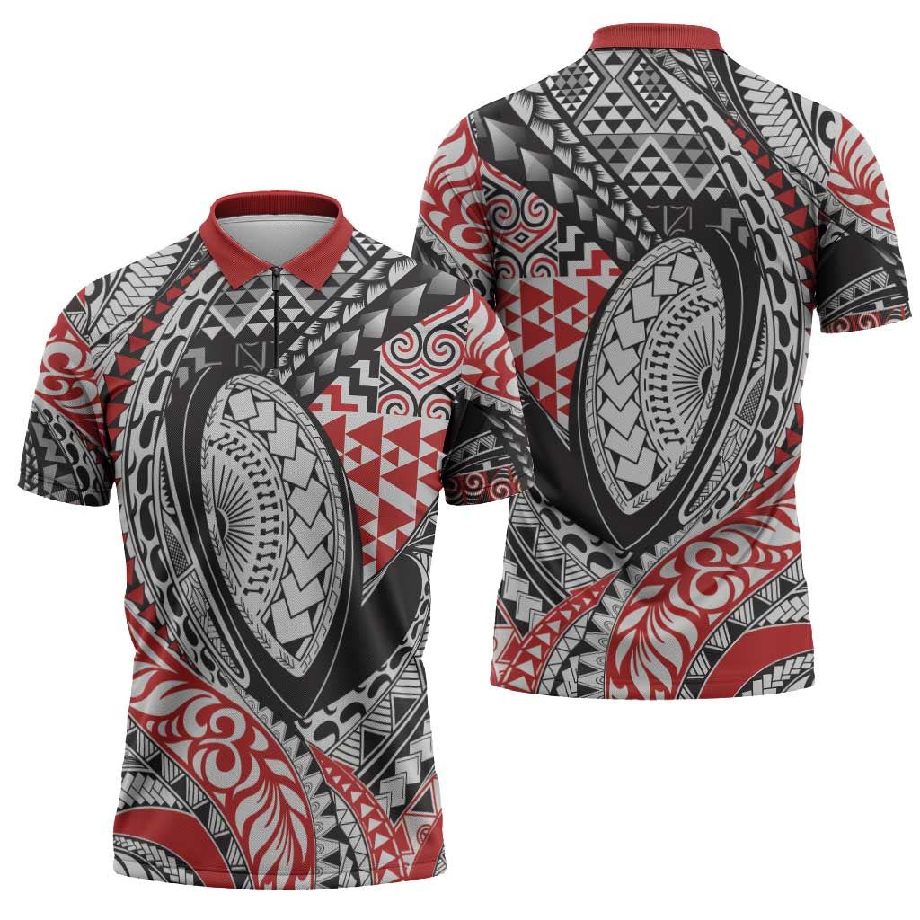 Aotearoa Maori Rugby Tribal Tattoo Zipper Polo Shirt Kowhaiwhai Taniko Patchwork Motifs - Aussie Hoodie