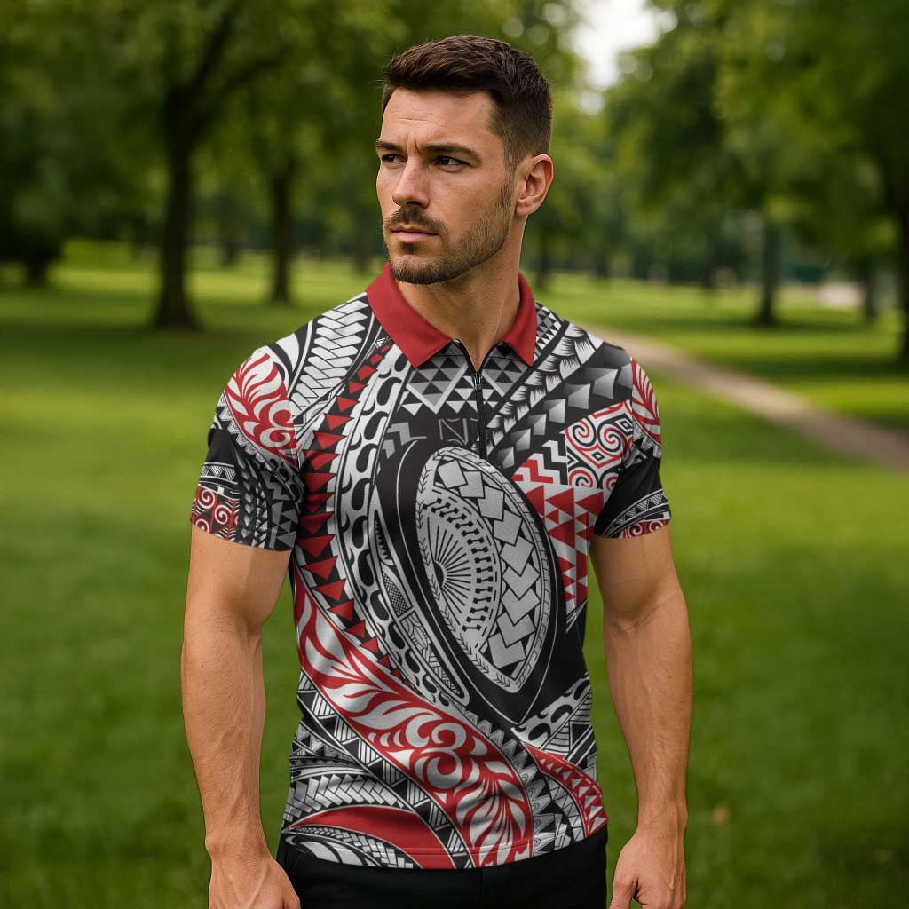 Aotearoa Maori Rugby Tribal Tattoo Zipper Polo Shirt Kowhaiwhai Taniko Patchwork Motifs - Aussie Hoodie