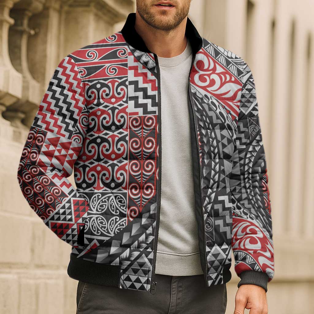 Aotearoa Maori Tribal Tattoo Bomber Puffer Jacket Kowhaiwhai Taniko Patchwork Motifs - Aussie Hoodie