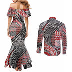 Aotearoa Maori Tribal Tattoo Couples Matching Mermaid Dress and Long Sleeve Button Shirt Kowhaiwhai Taniko Patchwork Motifs