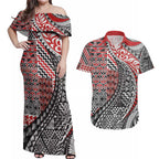 Aotearoa Maori Tribal Tattoo Couples Matching Off Shoulder Maxi Dress and Hawaiian Shirt Kowhaiwhai Taniko Patchwork Motifs
