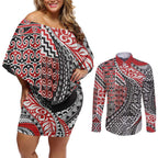 Aotearoa Maori Tribal Tattoo Couples Matching Off Shoulder Short Dress and Long Sleeve Button Shirt Kowhaiwhai Taniko Patchwork Motifs