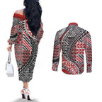 Aotearoa Maori Tribal Tattoo Couples Matching Off The Shoulder Long Sleeve Dress and Long Sleeve Button Shirt Kowhaiwhai Taniko Patchwork Motifs
