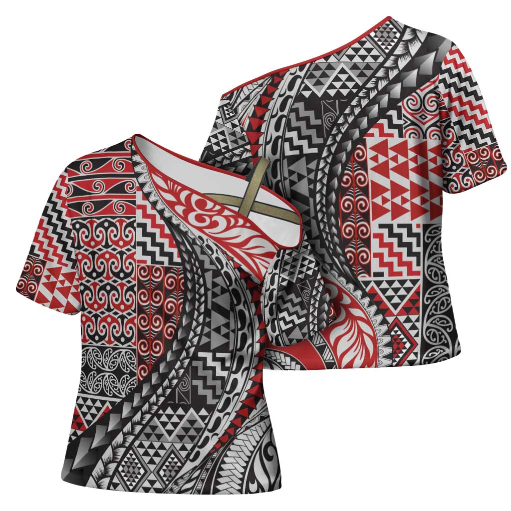 Aotearoa Maori Tribal Tattoo Cross Shoulder Shirt Kowhaiwhai Taniko Patchwork Motifs - Aussie Hoodie