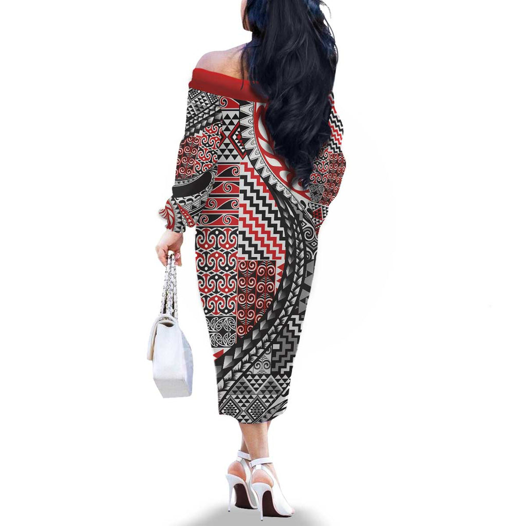 Aotearoa Maori Tribal Tattoo Family Matching Off The Shoulder Long Sleeve Dress and Hawaiian Shirt Kowhaiwhai Taniko Patchwork Motifs