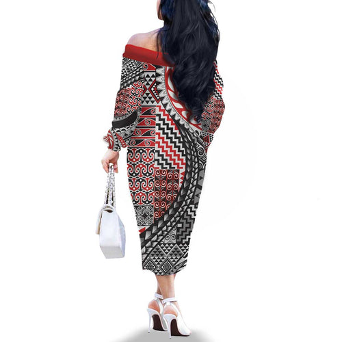 Aotearoa Maori Tribal Tattoo Family Matching Off The Shoulder Long Sleeve Dress and Hawaiian Shirt Kowhaiwhai Taniko Patchwork Motifs