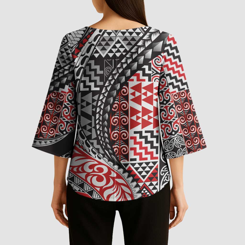 Aotearoa Maori Tribal Tattoo Kimono Sleeve Blouse Kowhaiwhai Taniko Patchwork Motifs - Aussie Hoodie