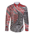 Aotearoa Maori Tribal Tattoo Long Sleeve Button Shirt Kowhaiwhai Taniko Patchwork Motifs