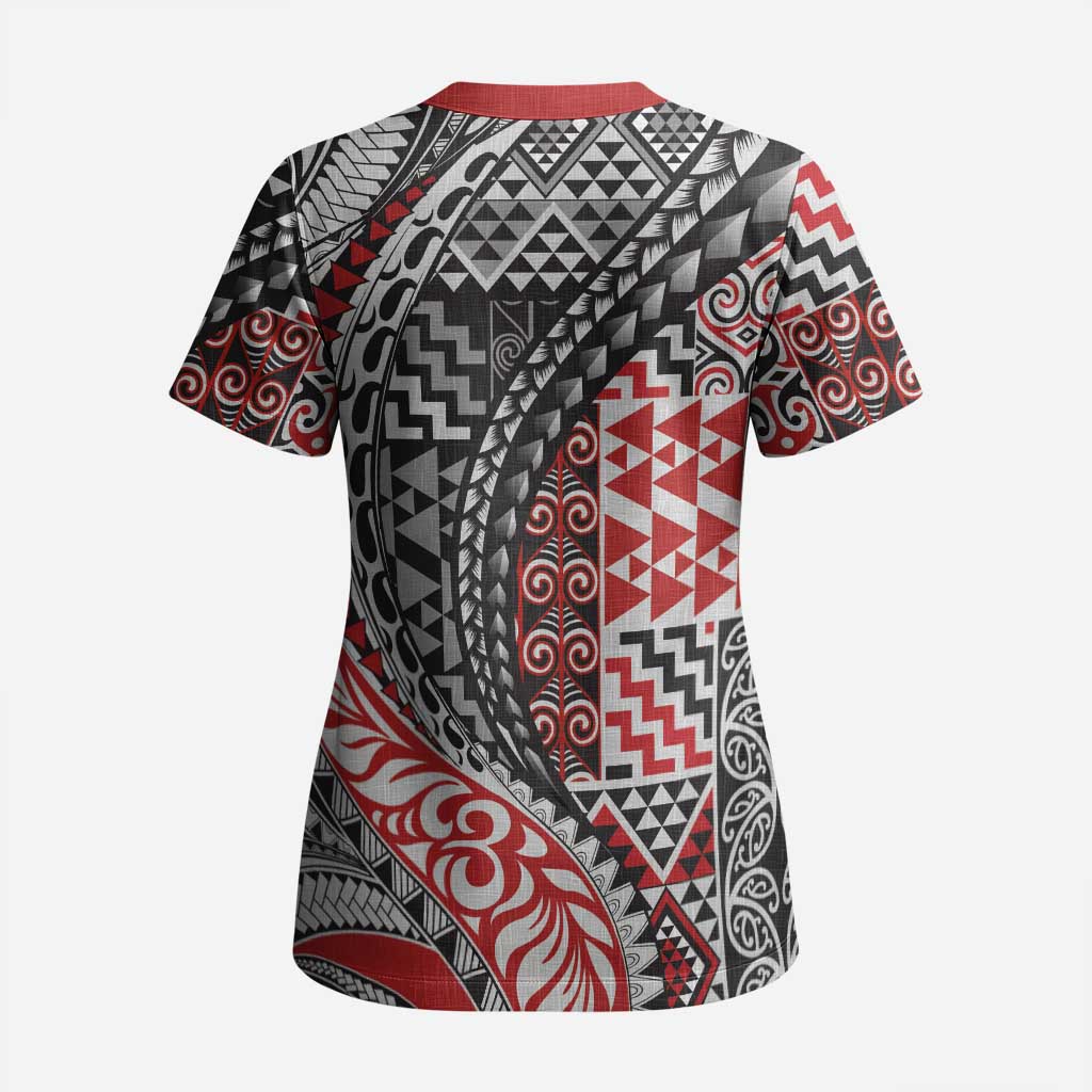 Aotearoa Maori Tribal Tattoo Scrub Top Kowhaiwhai Taniko Patchwork Motifs - Aussie Hoodie