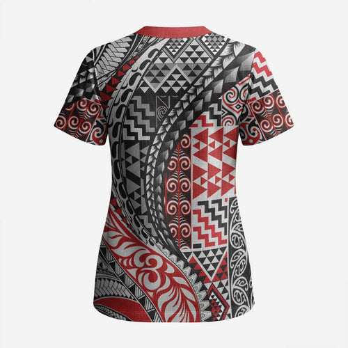 Aotearoa Maori Tribal Tattoo Scrub Top Kowhaiwhai Taniko Patchwork Motifs - Aussie Hoodie