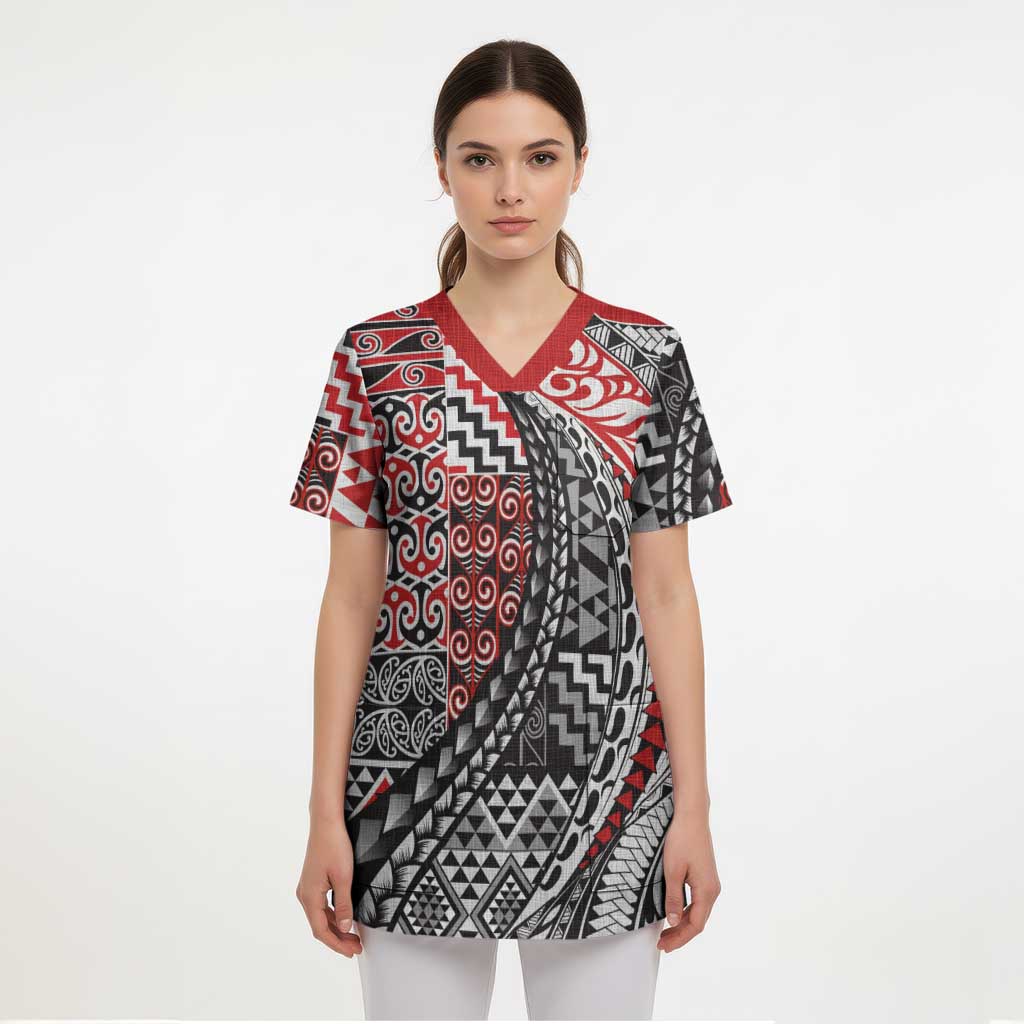 Aotearoa Maori Tribal Tattoo Scrub Top Kowhaiwhai Taniko Patchwork Motifs - Aussie Hoodie