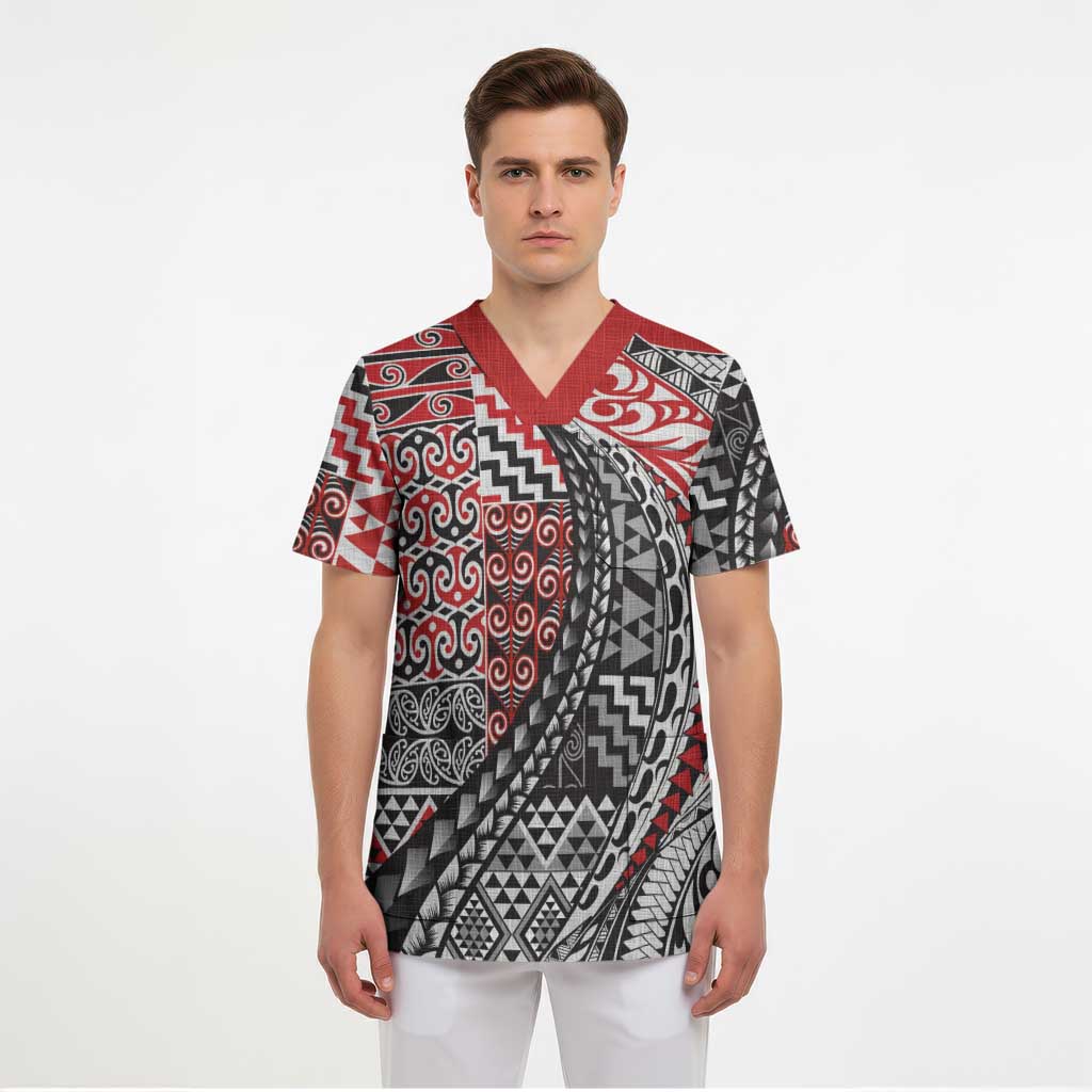 Aotearoa Maori Tribal Tattoo Scrub Top Kowhaiwhai Taniko Patchwork Motifs - Aussie Hoodie