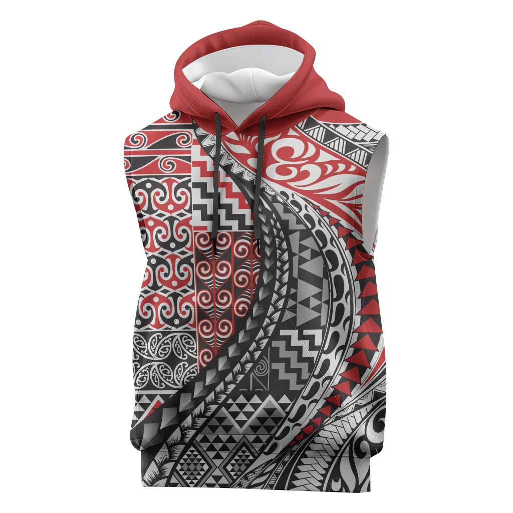 Aotearoa Maori Tribal Tattoo Sleeveless Hoodie Kowhaiwhai Taniko Patchwork Motifs - Aussie Hoodie