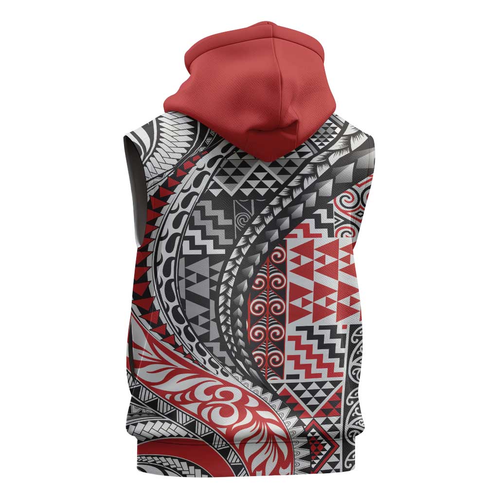 Aotearoa Maori Tribal Tattoo Sleeveless Hoodie Kowhaiwhai Taniko Patchwork Motifs - Aussie Hoodie