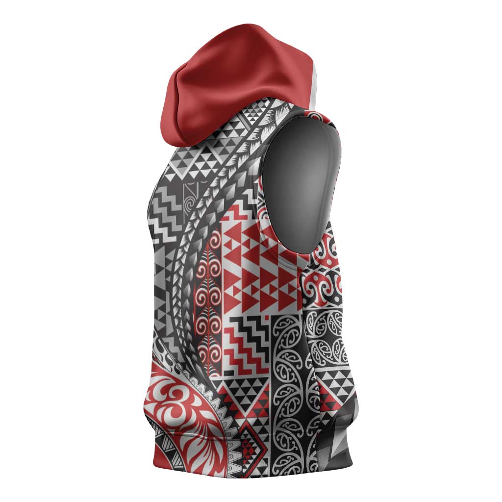 Aotearoa Maori Tribal Tattoo Sleeveless Hoodie Kowhaiwhai Taniko Patchwork Motifs - Aussie Hoodie