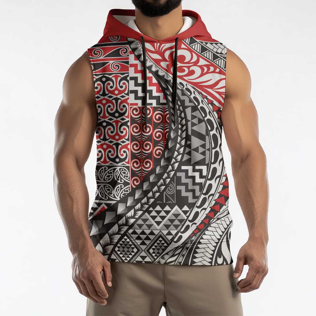 Aotearoa Maori Tribal Tattoo Sleeveless Hoodie Kowhaiwhai Taniko Patchwork Motifs - Aussie Hoodie