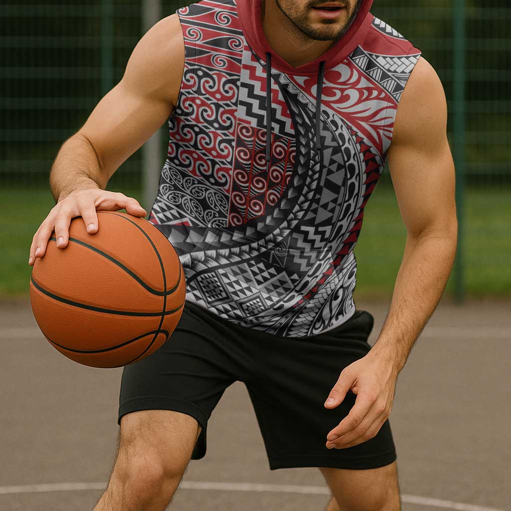 Aotearoa Maori Tribal Tattoo Sleeveless Hoodie Kowhaiwhai Taniko Patchwork Motifs - Aussie Hoodie