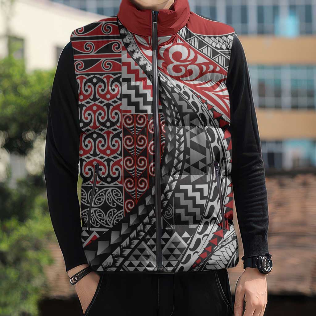 Aotearoa Maori Tribal Tattoo Sleeveless Puffer Jacket Kowhaiwhai Taniko Patchwork Motifs - Aussie Hoodie