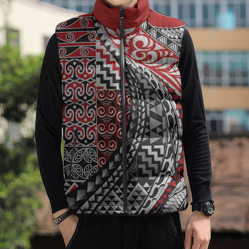Aotearoa Maori Tribal Tattoo Sleeveless Puffer Jacket Kowhaiwhai Taniko Patchwork Motifs - Aussie Hoodie