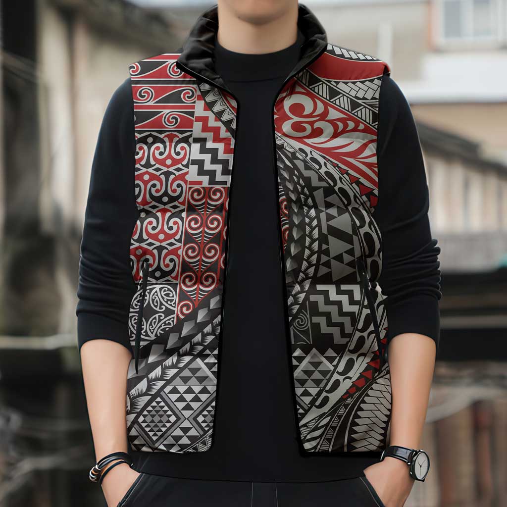 Aotearoa Maori Tribal Tattoo Sleeveless Puffer Jacket Kowhaiwhai Taniko Patchwork Motifs - Aussie Hoodie