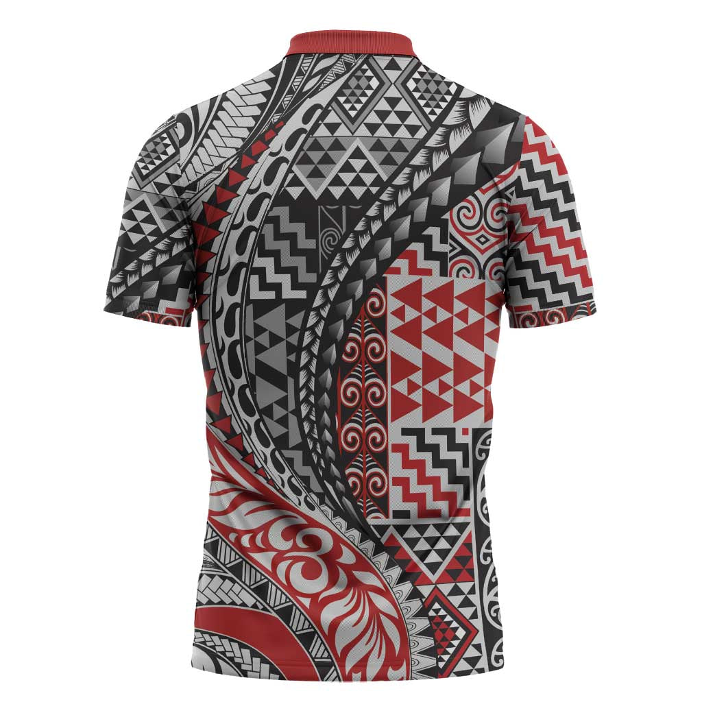 Aotearoa Maori Tribal Tattoo Zipper Polo Shirt Kowhaiwhai Taniko Patchwork Motifs - Aussie Hoodie