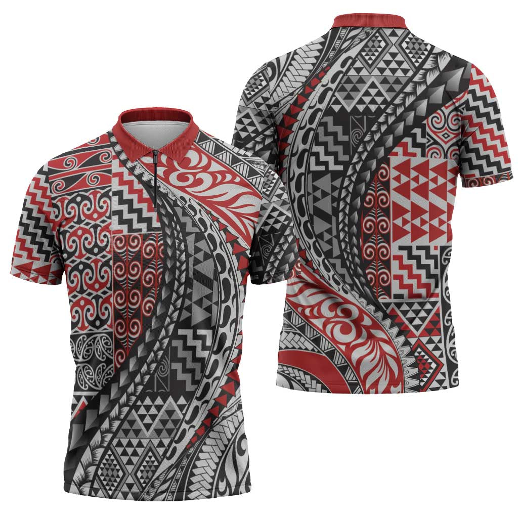 Aotearoa Maori Tribal Tattoo Zipper Polo Shirt Kowhaiwhai Taniko Patchwork Motifs - Aussie Hoodie