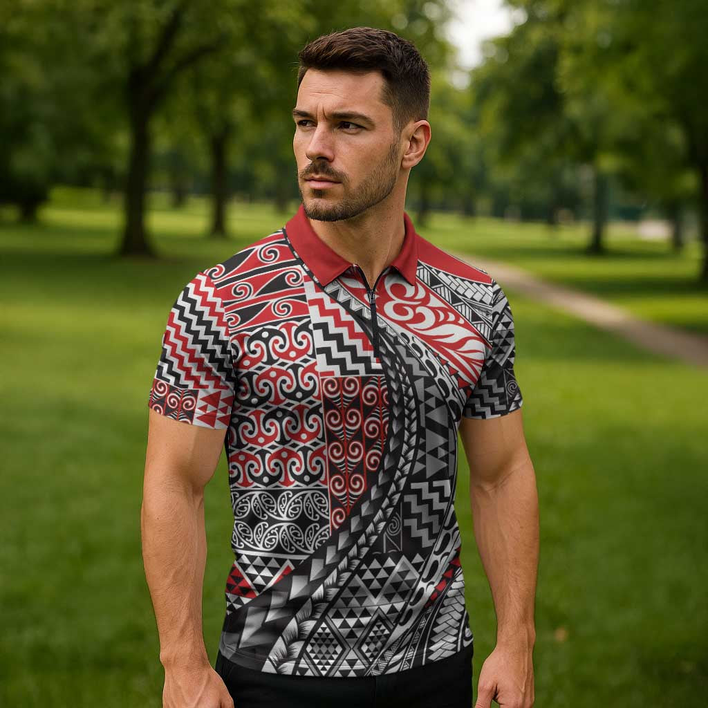 Aotearoa Maori Tribal Tattoo Zipper Polo Shirt Kowhaiwhai Taniko Patchwork Motifs - Aussie Hoodie
