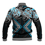 Blue Aotearoa Tukutuku Manawa Tapu Baseball Jacket Ta Moko Toi Maori